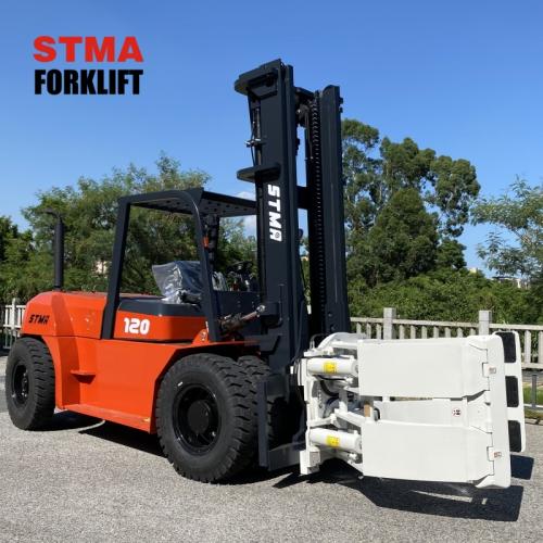 Forklift with concrete pipe clamp